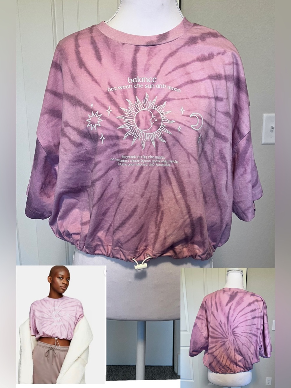NWT Topshop Tie-Dye Sun & Moon Stars Drawstring Toggle Crop Tee Sz 8-10
